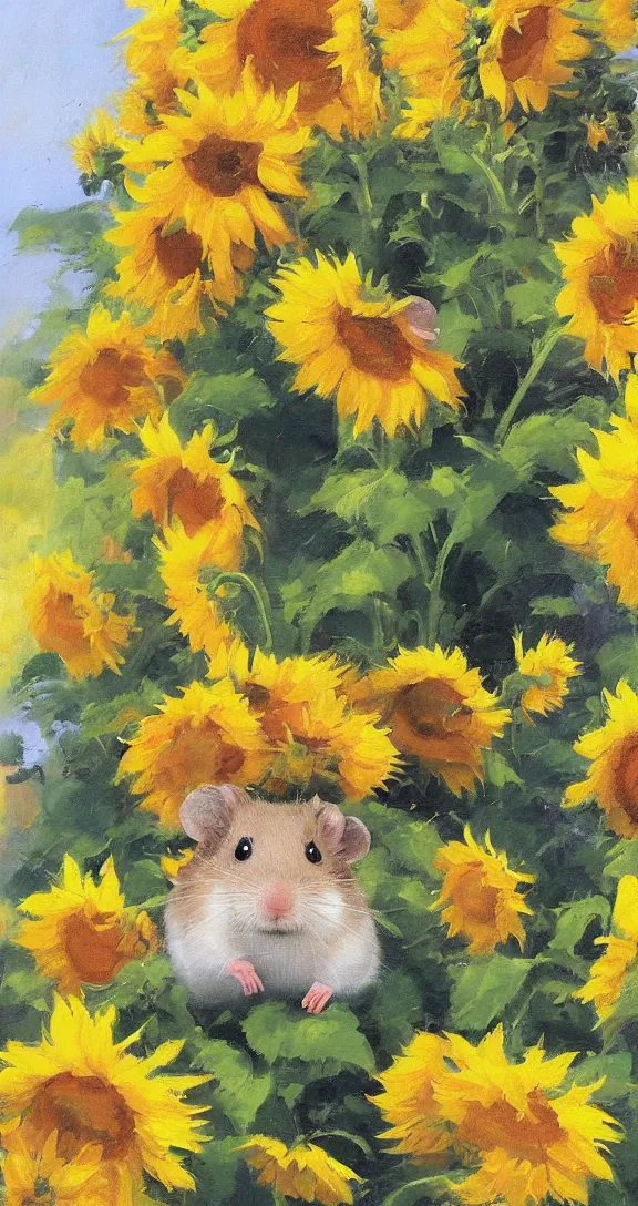 Image similar to a highly detailed beautiful portrait of a cute little hamster surrounded by beautiful sunflowers, by gregory manchess, james gurney, james jean