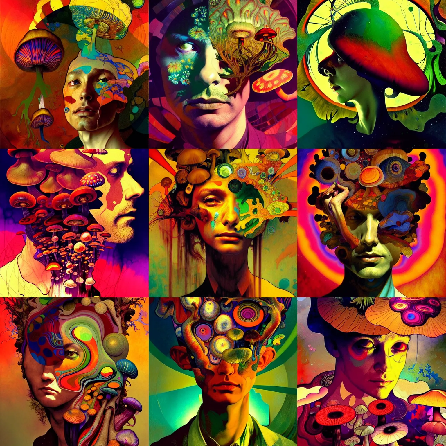 Prompt: vibrant portrait of psychedelic mushrooms dream, no fears, okay one fear, artstation, award - winning realistic sci - fi concept art by dave mckean, a realism masterpiece, complimentary color palette, james gilleard, bruegel, alphonse mucha, and yoshitaka amano