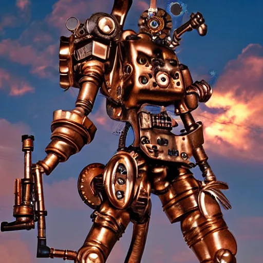 Image similar to a steampunk robotic angel with gun arms shooting, intense, extremely detailed, anime, sparks, clouds, sky, beautiful, sunny, copper, pipes, rusty, metal, cinematic lighting, sharp focus, copper wings,