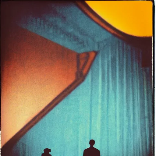 Prompt: Two male silhouettes on an abandoned theatre stage, polaroid picture, colour, bright, vignette, 4k, cover art