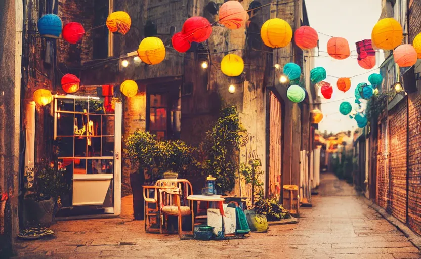 Image similar to mini cafe diorama macro photography, alleyway, ambient, colorful paper lanterns, atmospheric photograph, string lights, romantic