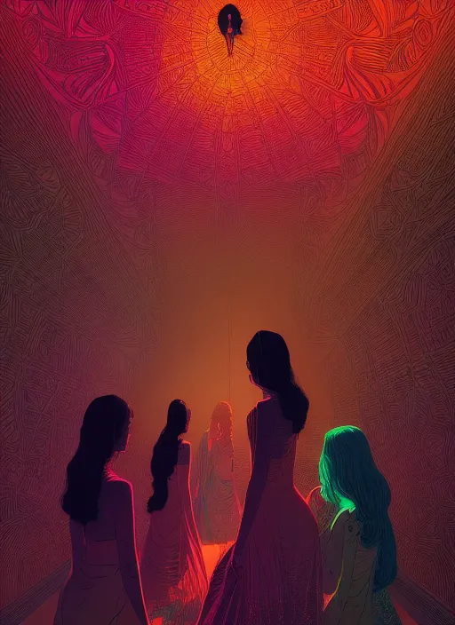 Prompt: sensual beautiful delhi girls wearing western little black dresses inside a nightclub, epic scene, by victo ngai, kilian eng vibrant colours, dynamic lighting, digital art, winning award masterpiece, fantastically beautiful, illustration, aesthetically inspired by beksinski and dan mumford, trending on artstation, art by greg rutkowski, 8 k