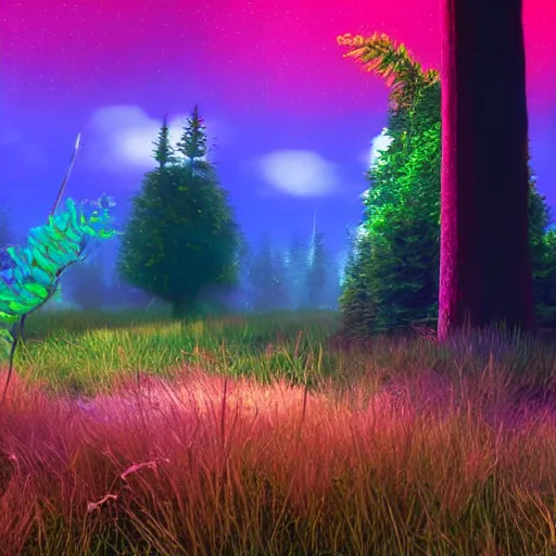 Image similar to A realistic strange neon lanscape, realistic, 4k resolution, detailled, realistic shaders, neon mushrooms, mushrooms particles, painting, forests, strange neon plants, realistic, detailled.