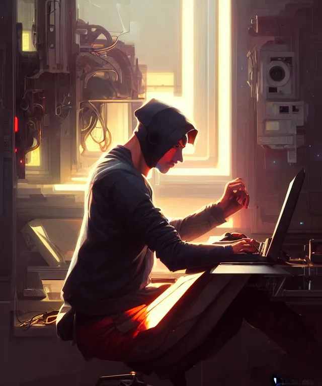 Image similar to Hacker man hacks computer, highly detailed, digital painting, artstation, concept art, smooth, sharp focus, illustration, art by artgerm and greg rutkowski and alphonse mucha