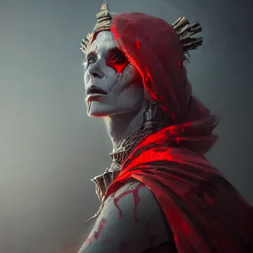Prompt: a beautiful portrait of an ancient elderly necromancer queen, embers, skeletal, red-fabric, red-eyes, grey-skin, by Greg Rutkowski and Raymond Swanland, Trending on Artstation, ultra realistic digital art