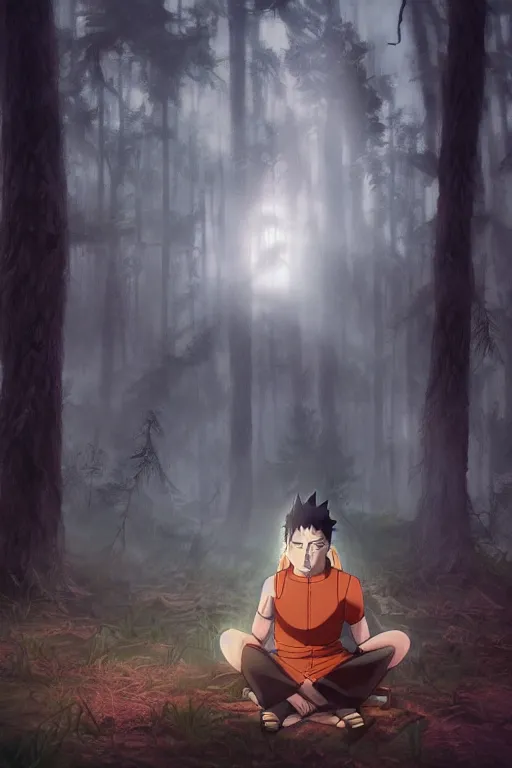 Image similar to photorealistic dark fantasy concept art of Naruto meditating in a forest, dynamic lighting, stunning visuals, realism, cinematic, hyper detailed, ultra detailed, beautiful visuals and sunset