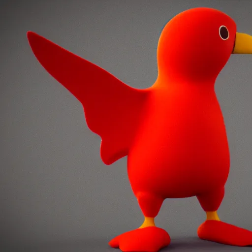 Image similar to 3 d model of a red penguin with horns wearing a belt, blender render, fully in frame