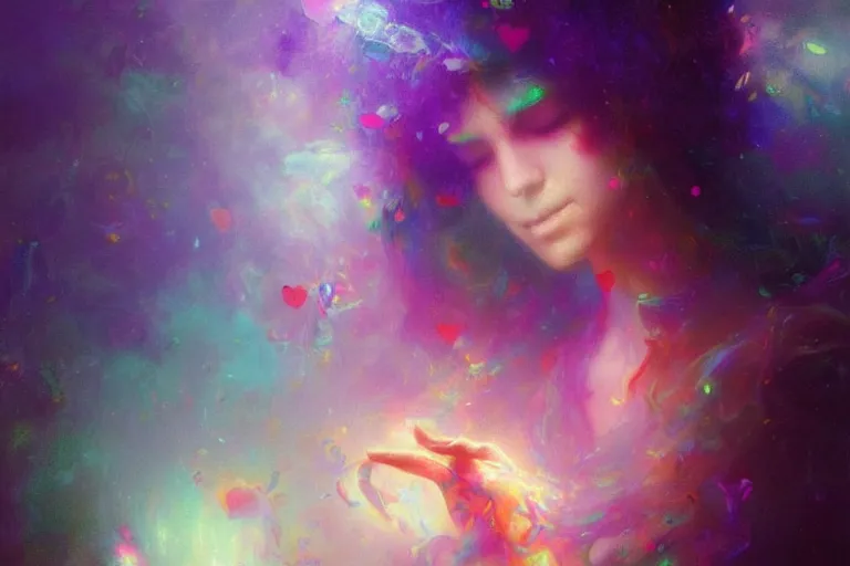 Prompt: a psychedelic realm hidden away in a pocket of ethereal understanding / astral beings sharing love greg rutkowski wlop lisa frank bob ross | ruan jia | illustration