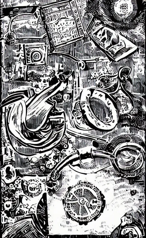 Prompt: black and white linocut of some mysterious and arcane, magical, steampunk objects. editorial composition, fine lines, very high details, tales from the loop