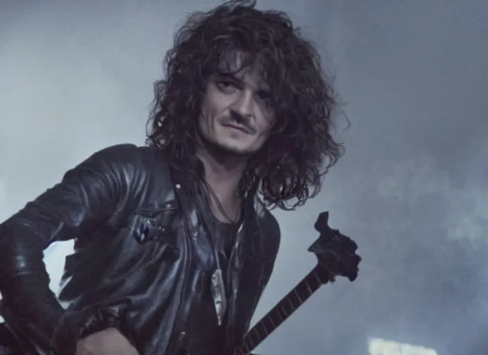 Prompt: promotional image of orlando bloom in a heavy metal band in a movie from 1978, rugged black clothes, detailed face, movie still frame, promotional image, imax 70 mm footage