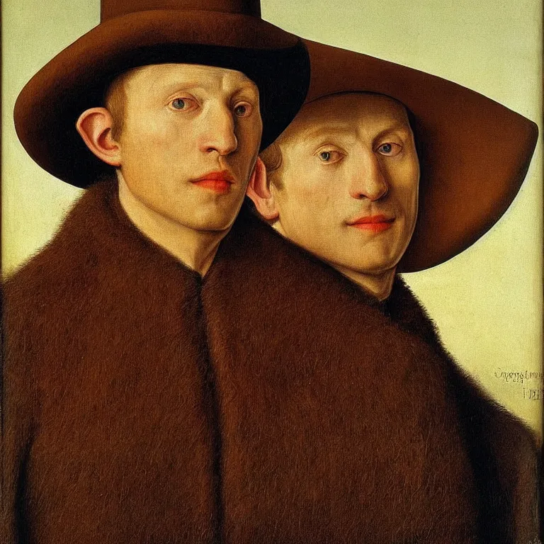 Prompt: 3/4 bust portrait of a single shifty high fantasy elf sheriff wearing a cowboy hat by Jan van Eyck