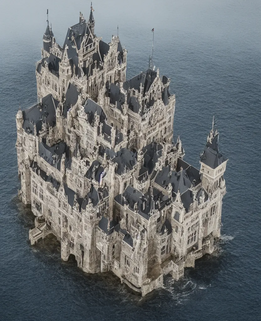 Prompt: photography of a gothic castle in the middle of the ocean, realistic, 8 k, detailed, 3 5 mm