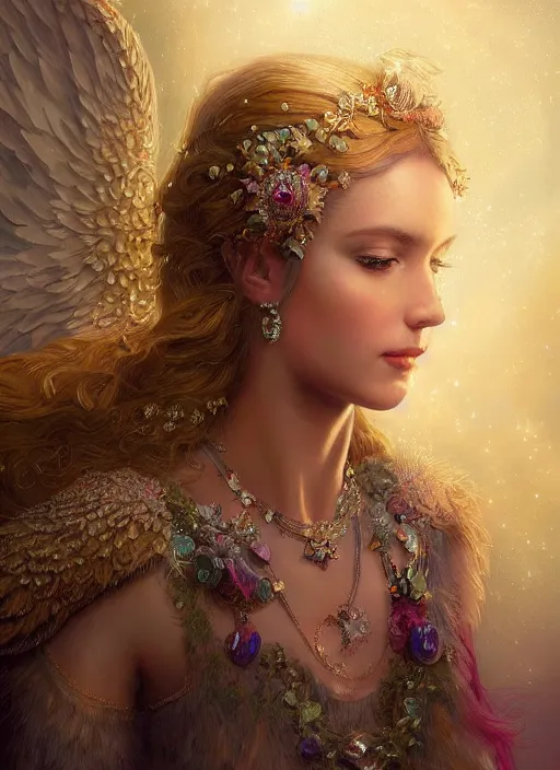 Image similar to A beautiful digital painting of a female angel full of jewels, princess, the moon behind her, intricate, cinematic lighting, highly detailed, digital painting, Artstation, concept art, smooth, sharp focus, illustration, art by Tom Bagshaw, Artgerm and Greg Rutkowski