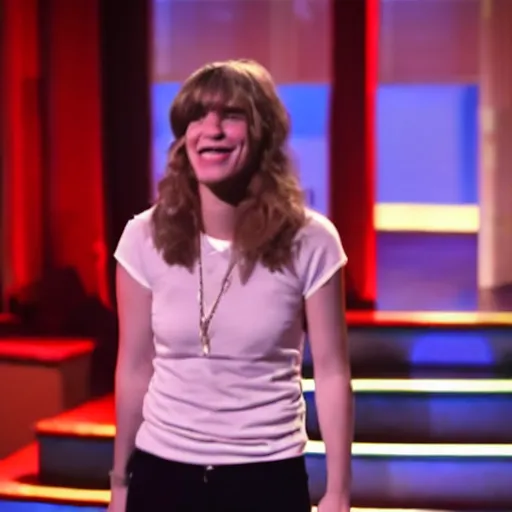 Image similar to film still of netflix comedy special. 3 2 - year - old, female short height, good - looking, standup comedian, skateboarder style, pale complexion, jewish and italian descent, fit, on stage, laughing, telling jokes. looks like amy nico schwartz.