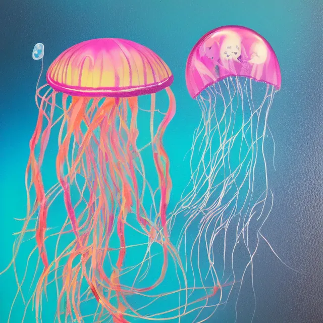 Image similar to jellyfish, tiny woman in a fish tank, surrealism, acrylic and spray paint and oilstick on canvas