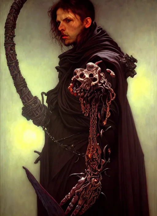 Image similar to male necromancer, full body, hyper realistic, extremely detailed, dnd character art portrait, dark fantasy art, intricate fantasy painting, dramatic lighting, vivid colors, by edgar maxence and caravaggio and michael whelan and delacroix.