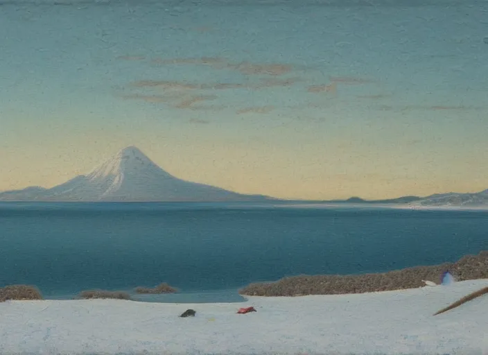 Image similar to the coast of hokkaido in winter, japan in the style of hudson river school of art, oil on canvas