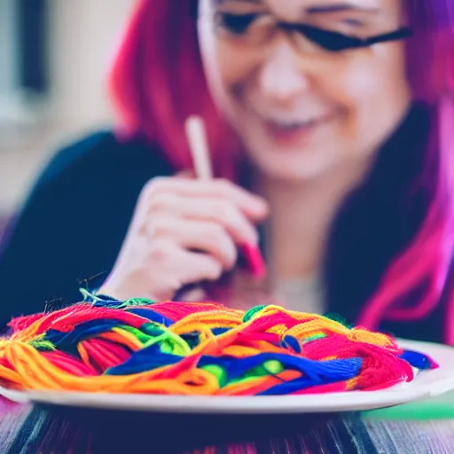 Prompt: photo of person eating a plate of colorful yarn like spaghetti