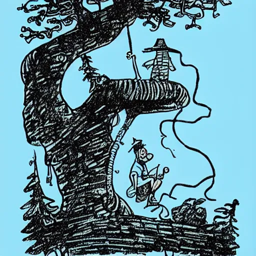Image similar to neat ink drawing of cartoon wizard stuck in the top of the roof, in the tree, above the sea, by Bill Waterson,