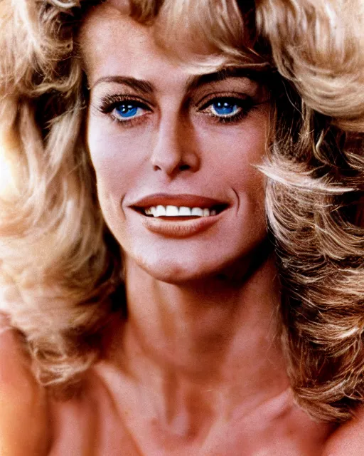 Image similar to closeup portrait of a beautiful young farrah fawcett in a sports illustrated photoshoot, rim lighting, glamour pose, hyper realistic, soft lighting,,, hd, octane, arney freytag!!!