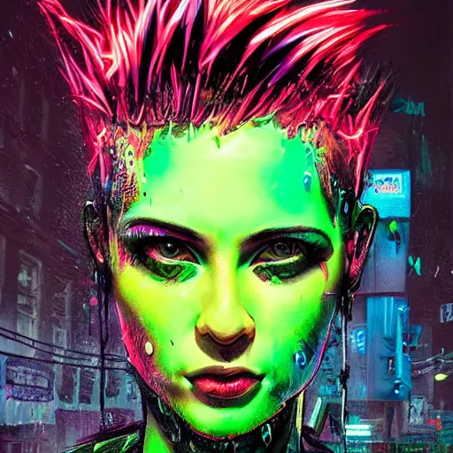 Image similar to splashes of neon, mowhawk, punk portrait made out of paint with rain in the background, trending on artstation, epic composition, emotional, beautiful, rendered in octane, highly detailed, realistic, tim burton comic book art, sharp focus, matte painting, unreal engine