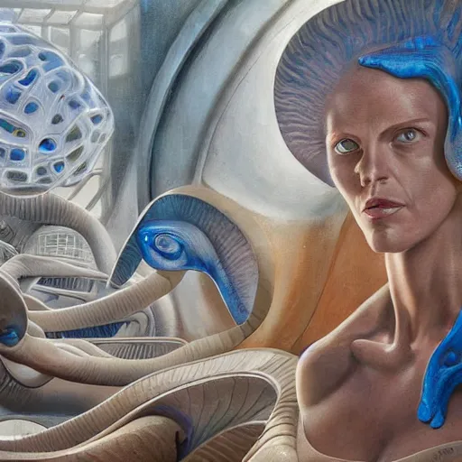 Image similar to detailed face of a woman with blue eyes in a biomorphic courtyard with dna sculptures at a science expo, atmospheric, ambient, pj crook, syd mead, livia prima, artgerm, greg rutkowski, nick alm, casey baugh