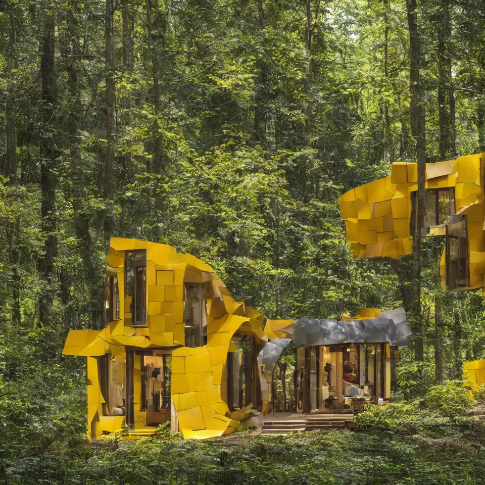 Image similar to a tiny tiny house with big tiles, from far away, in a forest, designed by frank gehry. film grain, cinematic, yellow hue