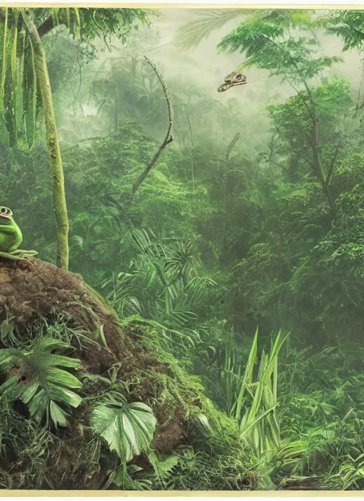 Image similar to a beautiful matte painting of a green frog in the jungle, kambo