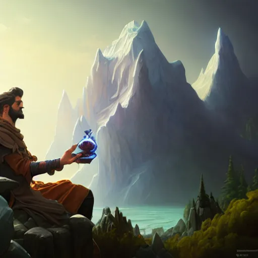 Prompt: male, wizard, smoking pipe, glacier landscape, D&D, fantasy, intricate, elegant, highly detailed, digital painting, artstation, octane render, concept art, matte, sharp focus, illustration, hearthstone, art by Artgerm and Greg Rutkowski and Alphonse Mucha