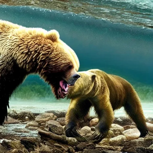 Image similar to a fish eating a grizzly bear in a river, ultra realistic, 4K, high definition, award winning, national geographic