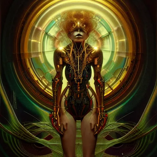 Prompt: extremely psychedelic beautiful cyborg goddess infected by night. intricate, elegant, highly detailed, extremely lifelike photorealistic digital painting, artstation. steichen, gaston bussiere, tom bagshaw, cyberpunk alphonse mucha. elegant minimalism. anatomically correct. sharp focus. gold, black accents. surreal lush cosmic hallucination