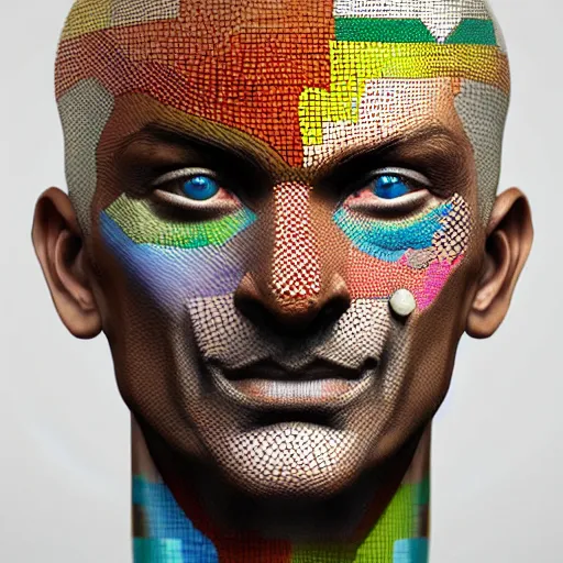 Prompt: a man's face with a multicolored mosaic pattern on it, an ultrafine detailed painting by ejler bille, trending on zbrush central, generative art, low poly, zbrush, behance hd