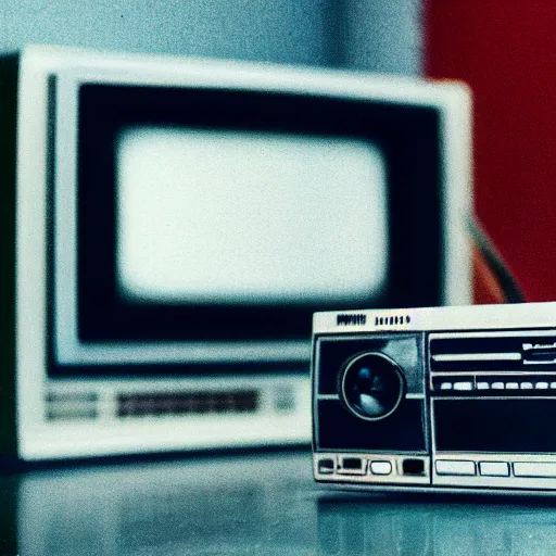 Image similar to a professional studio photograph (of a 90s television and VHS combo playing a video) ((((((((((((((of clouds)))))))))))))), key light, 50mm, shallow depth of field, no artefacts