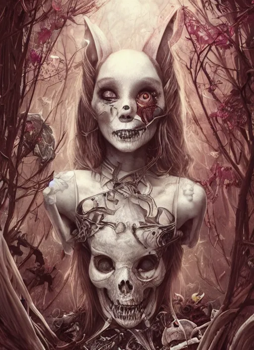 Prompt: Alice in Wonderland White Rabbit Death Tarot card,highly detailed,half skull face,cinematic,8k,by Stanley Artgermm,Tom Bagshaw,Greg Rutkowski,Carne Griffiths, Ayami Kojima, Beksinski, Giger,trending on DeviantArt,hyper detailed,horror, full of colour