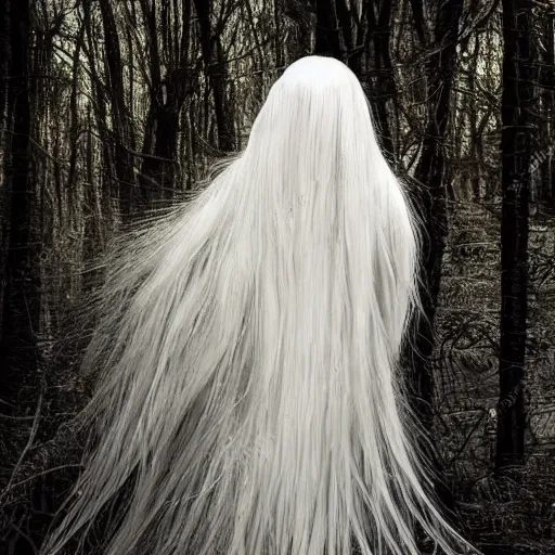 Image similar to ultrarealistic horrific, beautiful banshee with brightly shining wings and long white hair imprisoned in a very dark nearly lightless, sombre, horrific forest