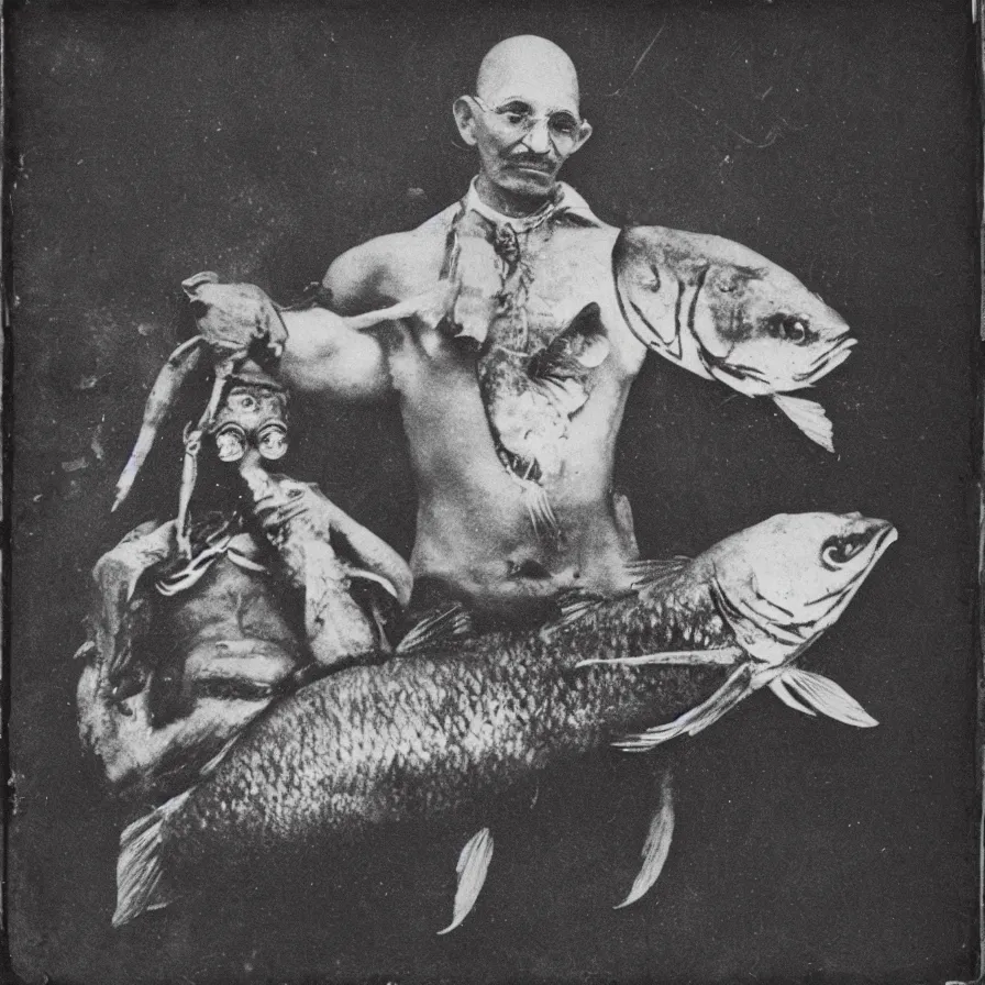 Prompt: “a daguerreotype of a cyborg Gandhi holding a large fish ”