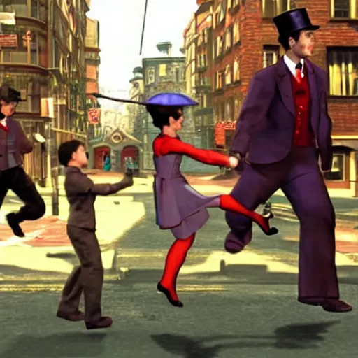 Image similar to a still of from the movie mary poppins crossover with the game streets of rage 2