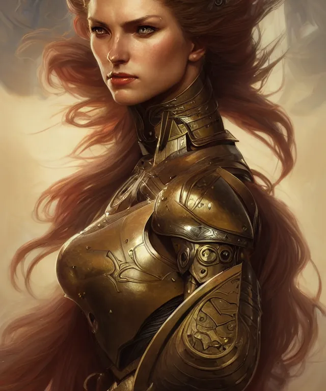 Image similar to Muscular and powerful medieval knight woman portrait, sci-fi, amber eyes, face, long hair, fantasy, intricate, elegant, highly detailed, digital painting, artstation, concept art, smooth, sharp focus, illustration, art by artgerm and greg rutkowski and alphonse mucha