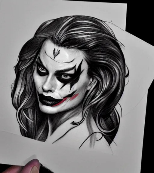 Image similar to tattoo design sketch of beautiful margot robbie portrait with joker makeup, holding an ace card, in the style of den yakovlev, realistic face, black and white, realism tattoo, hyper realistic, highly detailed