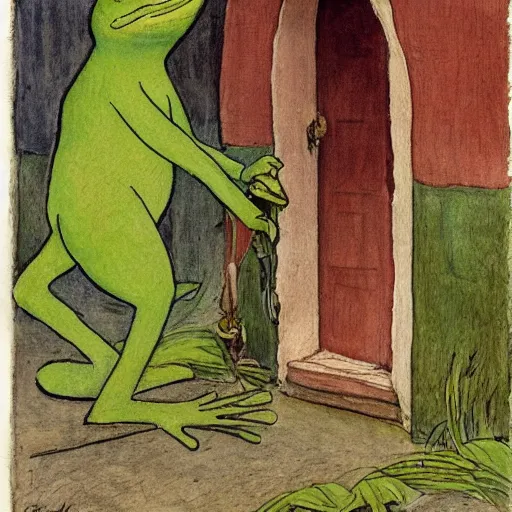 Prompt: pepe the frog in the village, uncropped, painted by carl larsson