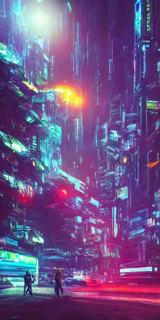 Prompt: a beautiful painting of a lush cyberpunk city with a single dinosaur grazing in the foreground by ridley scott, vivid colours, cinematic lighting, fine details, 8 k | | digital artwork made by greg rutswork, anna dittmann and lois van barlee, symmetrical neon rim light, anatomically correct