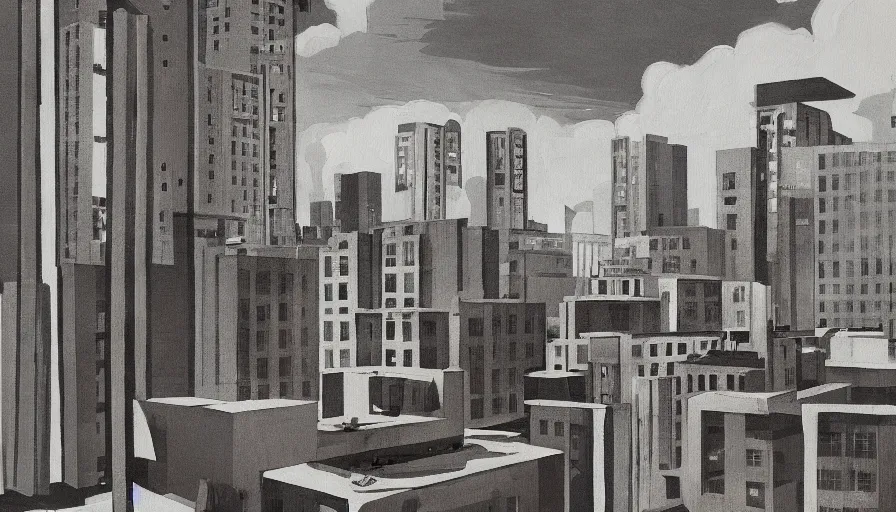 Image similar to american city, modern times, a weird apartment, four stories high, with a huge water tank on the roof. the color of the picture is gray, and the painting style is retro