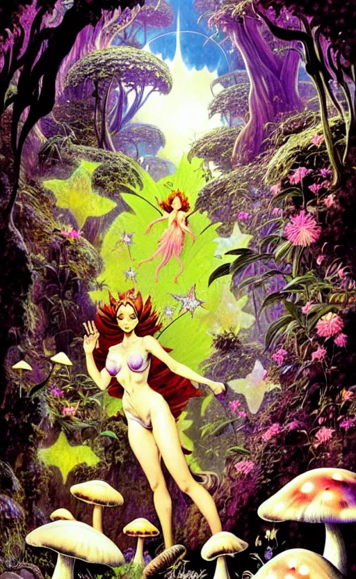 Image similar to fairies with detailed faces, enchanted forest, mushrooms on the ground, stars in the sky, psychedelic, wide angle shot, white background, vector art, illustration by frank frazetta