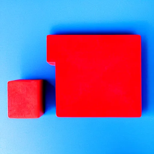 Image similar to A red block on a blue block on a table