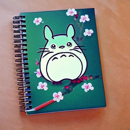 Prompt: totoro in a cherry blossom park on a notebook