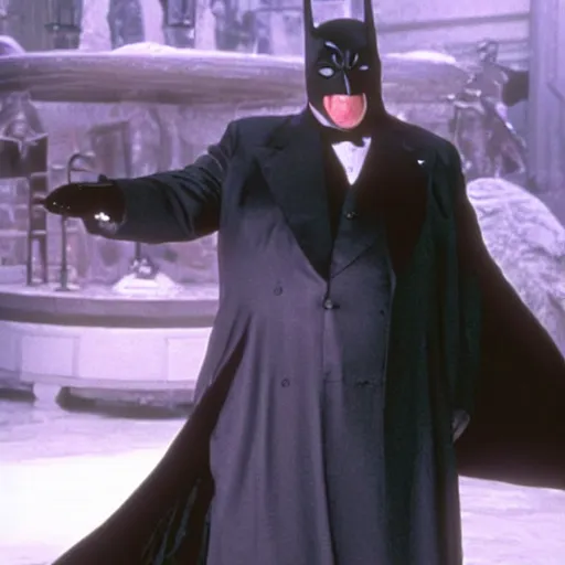 Image similar to Alex Jones as the Penguin Man in the movie Batman Returns 1992, still, high quality