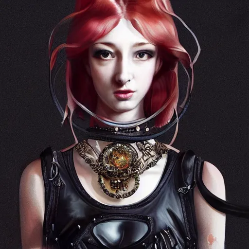 Prompt: A masterpiece portrait of a Incredibly beautiful futuristic high fashion queer model girl with A large luxurious Victorian necklace made of black leather. Rococo dress from red leather. trending on artstation, digital art, by Stanley Artgerm Lau, WLOP, Rossdraws, James Jean, Andrei Riabovitchev, Marc Simonetti, Yoshitaka Amano