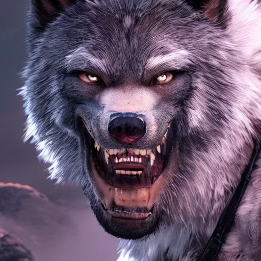 Image similar to 8k ultra realistic werewolf videogame promotional art, grey fur, full of colour, cinematic lighting, trending on artstation, focused, extreme details, unreal engine 5, cinematic