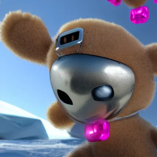 Prompt: a pink teddy bear heads interlink with plastic and metal chains floating in the sky over the Antarctic , unreal engine 5, realistic