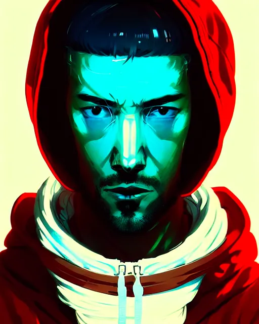 Image similar to cyberpunk synth, hyper - realistic portrait of a man in a white and red hoodie, cyberpunk, by atey ghailan, by greg rutkowski, by greg tocchini, by james gilleard, by joe fenton, by kaethe butcher, dynamic lighting, gradient light blue, brown, cinematic lighting color scheme, sharp focus, grunge aesthetic